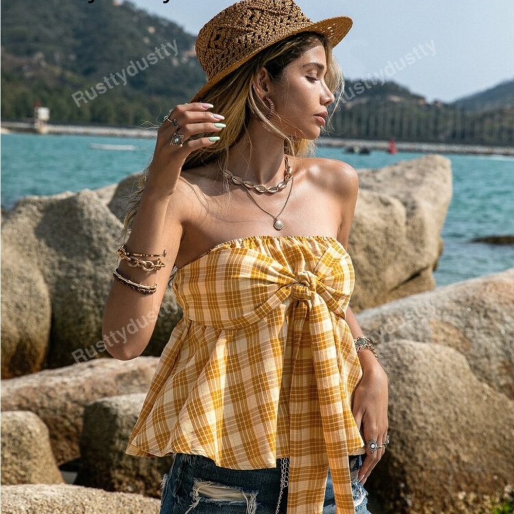 Yellow Plaid Strapless Blouse